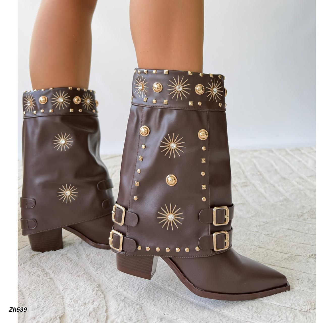 Botin texana cafe doblez apliques dorado tacon 8cm HX3198-B0223
